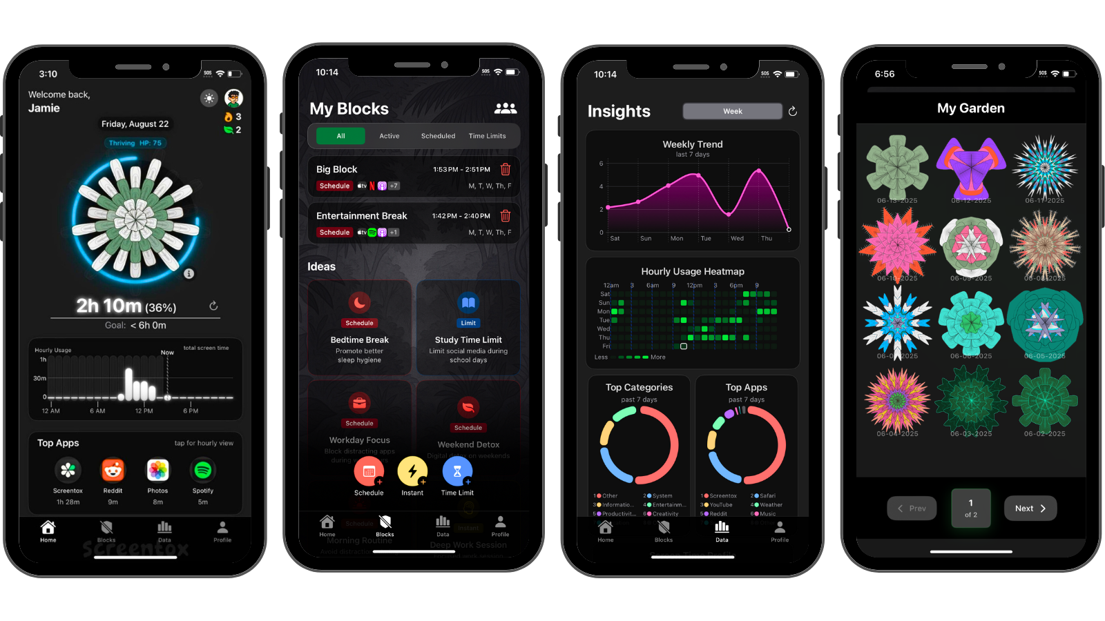 Screentox app interface showing succulent progress tracker, daily screen time limits, and app blocking features